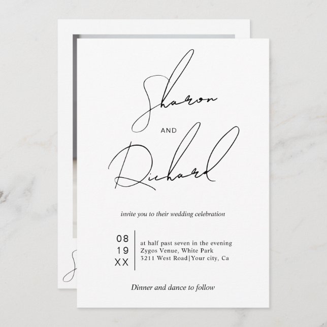 Script calligraphy black and white wedding photo invitation (Front/Back)