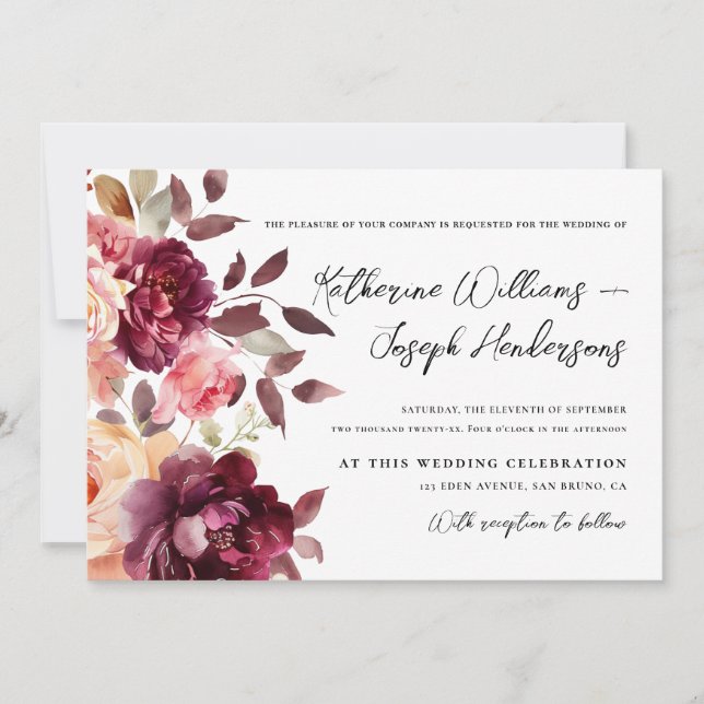Script calligraphy Bouquet Floral Burgundy Wedding Invitation (Front)