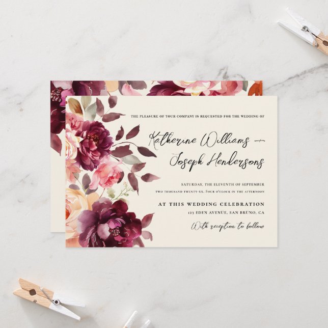 Script calligraphy Bouquet Floral Burgundy Wedding Invitation (Front/Back In Situ)