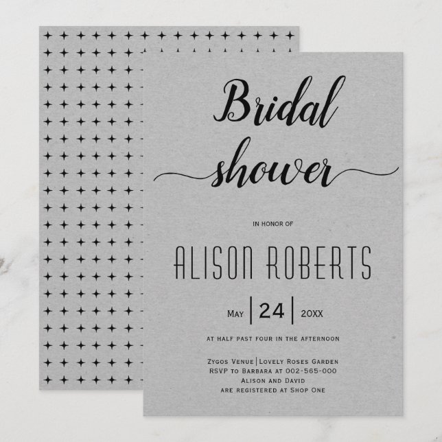 Script calligraphy grey wedding bridal shower invitation (Front/Back)