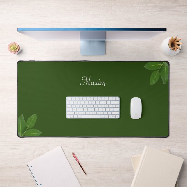 Script Calligraphy & Laurel Leaves on Forest Green Desk Mat (Office 1)