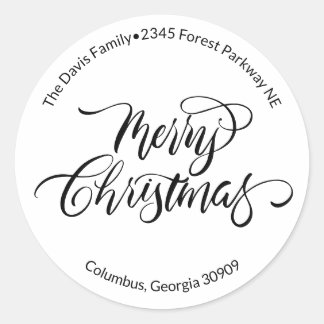 Script Calligraphy Merry Christmas Return Address  Classic Round Sticker