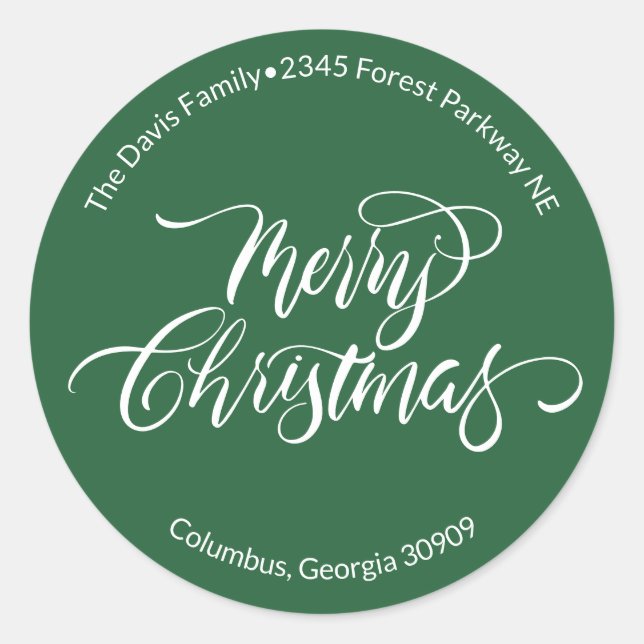 Script Calligraphy Merry Christmas Return Address Classic Round Sticker (Front)