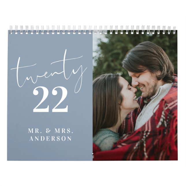 Script Calligraphy Newly Wed Photo Dusty Blue Calendar (Cover)