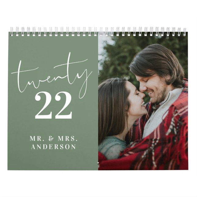 Script Calligraphy Newly Wed Photo Sage Green Calendar (Cover)