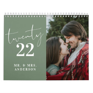 Script Calligraphy Newly Wed Photo Sage Green Calendar