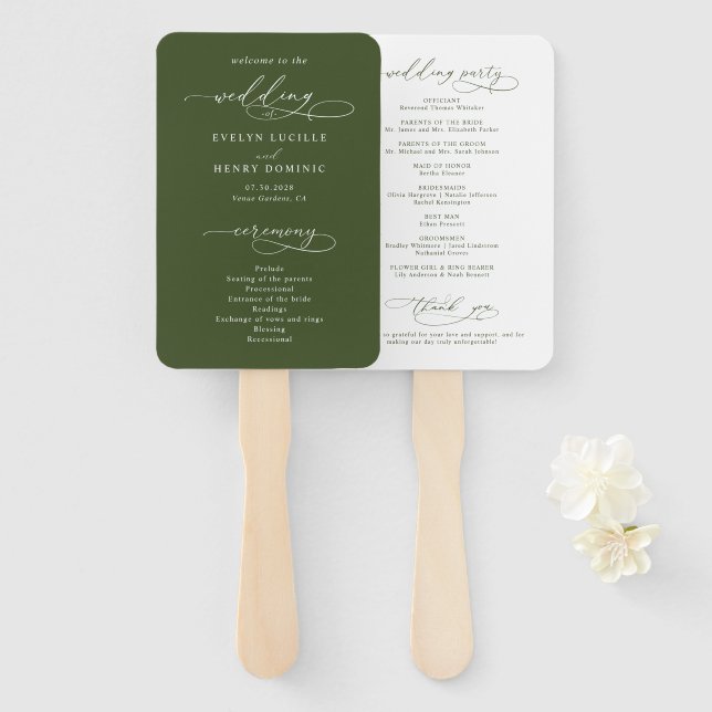Script Calligraphy Olive Green Wedding Program Hand Fan (Front and Back)