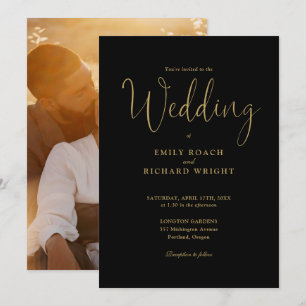 Script Calligraphy Photo Black And Gold Wedding Invitation