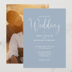 Script Calligraphy Photo Dusty Blue Wedding Invitation