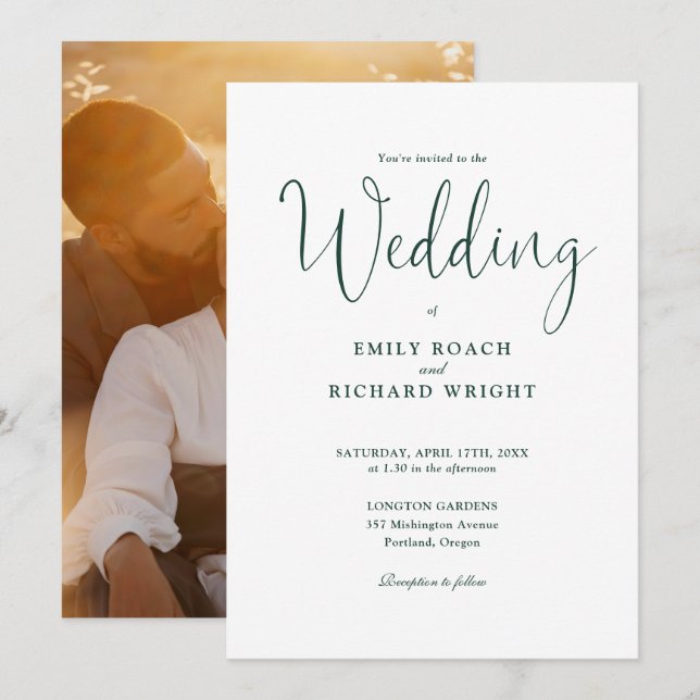 Script Calligraphy Photo Emerald Green Wedding Invitation (Front/Back)