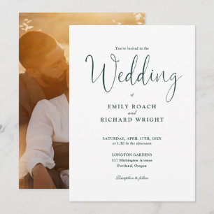 Script Calligraphy Photo Emerald Green Wedding Invitation