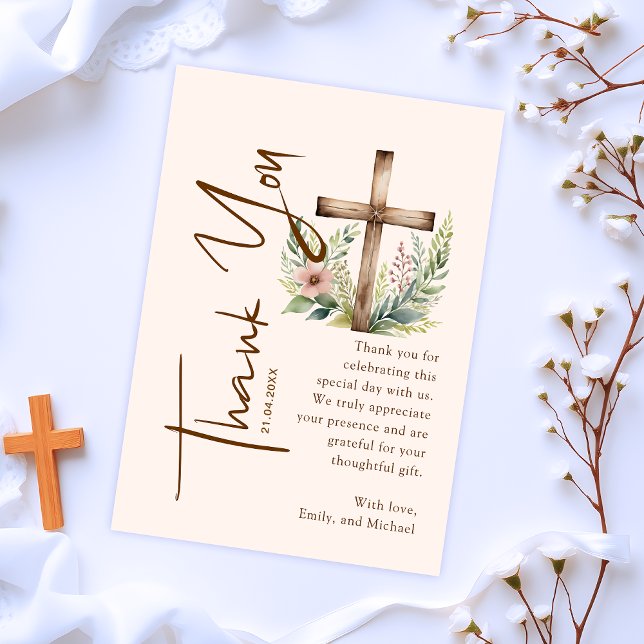 Script calligraphy Rustic Cross Greenery Baptism Thank You Card (Creator Uploaded)