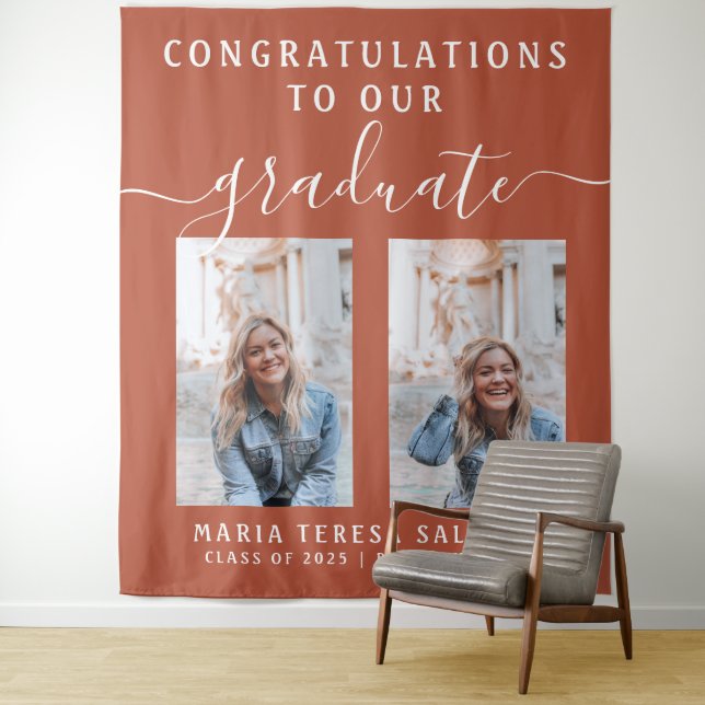 Script Calligraphy Two Photo Graduation | Orange Tapestry (In Situ)