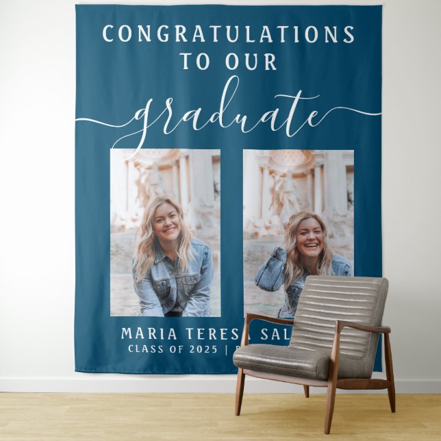 Script Calligraphy Two Photo Graduation |Teal Blue Tapestry (In Situ)