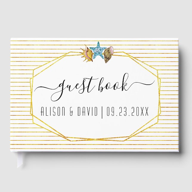 Script calligraphy watercolor seashells wedding guest book (Front)