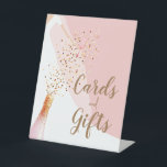 Script Cards and Gifts Blush Pink Bridal Shower Pedestal Sign<br><div class="desc">Create signs for your bridal shower with this design that features a bride in her gown and veil holding a pink sparkling wine glass, bottle and a spray of confetti and the word "CARDS and GIFTS" or any wording you need for your event. We show the background colour of blush...</div>