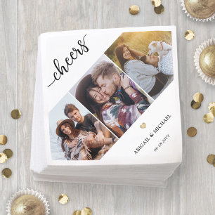 Script Cheers 3 Photo Collage & Gold Heart Wedding Napkin