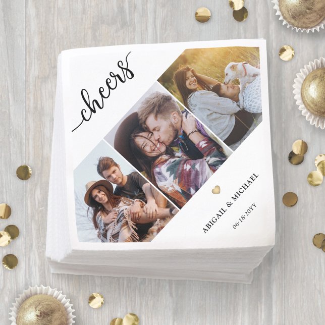 Script Cheers 3 Photo Collage & Gold Heart Wedding Napkin (Creator Uploaded)