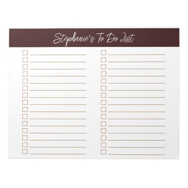 Script Chocolate Brown 8.5x11 Two Column Checklist Notepad (Front)