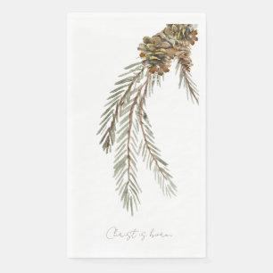 Script Christ is Born Pine Cone White Napkin