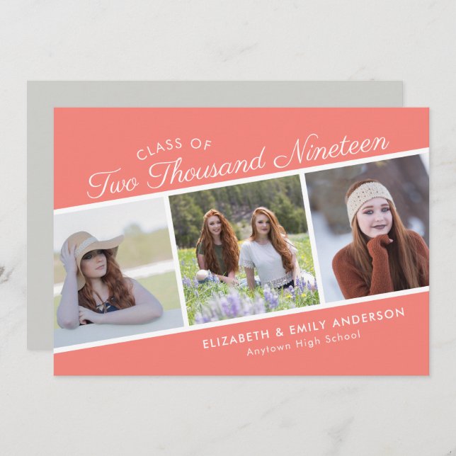 Script Class of 2019 | Coral 3 Photos Graduation Invitation (Front/Back)