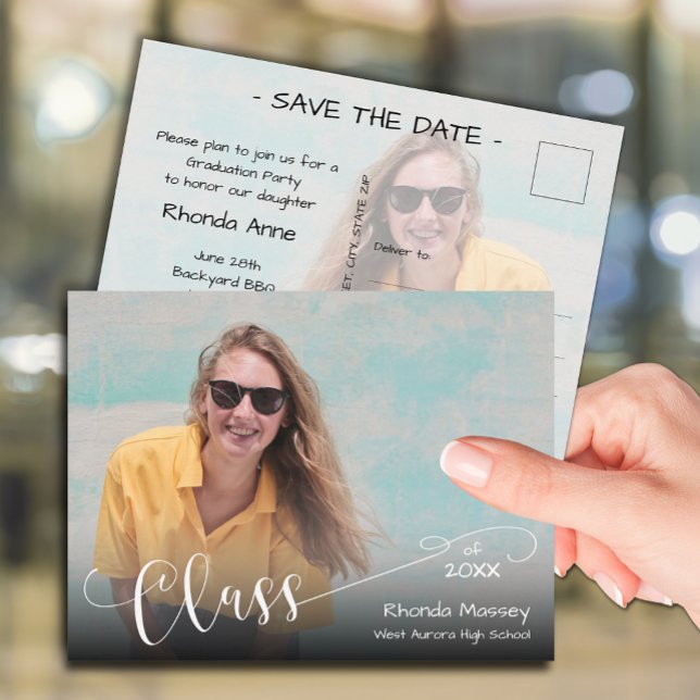 Script Class of Photo Graduation Save the Date Postcard (Class of on the front of 2 photo  graduation save the date postcards)