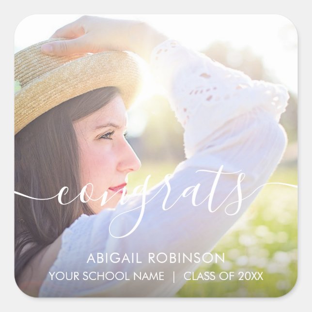 Script Congrats Graduation Photo Custom Square Sti Sticker (Front)