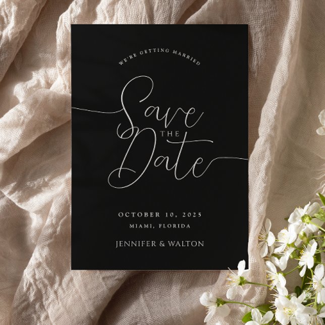 Script custom names black wedding save the date invitation (Creator Uploaded)