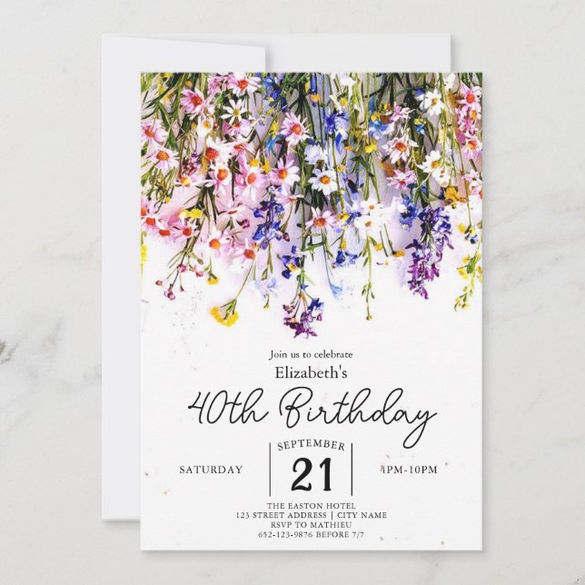 Script Custom Wildflowers 40th birthday Invitation (Front)