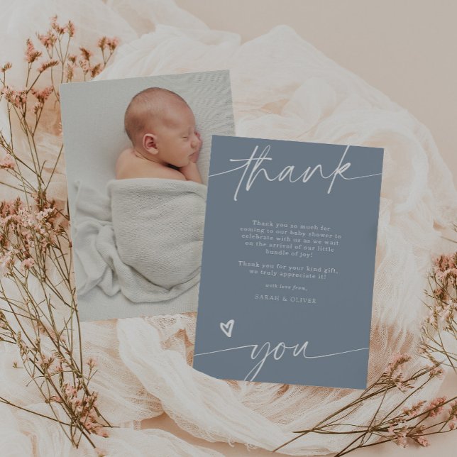 Script Dusty Blue Baby Shower Thank You Card  (Creator Uploaded)