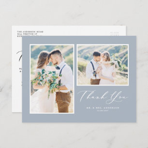 Script Dusty Blue Two Photo Wedding Thank You Postcard