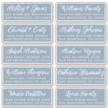 Script Dusty Blue Wedding Guest Address Labels<br><div class="desc">Easy to personalise, names and addresses / individual wedding address label stickers for guest invitations. These chic, modern and stylish wedding address labels feature your wedding guest names in white elegant handwritten script calligraphy on a dusty blue background. Simply add your individual wedding guest names and address. Exclusively designed for...</div>