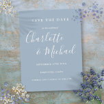 Script Dusty Blue Wedding Save the Date Card<br><div class="desc">Featuring signature style names,  this elegant dusty blue save the date card can be personalised with your special wedding day information in chic lettering. Designed by Thisisnotme©</div>