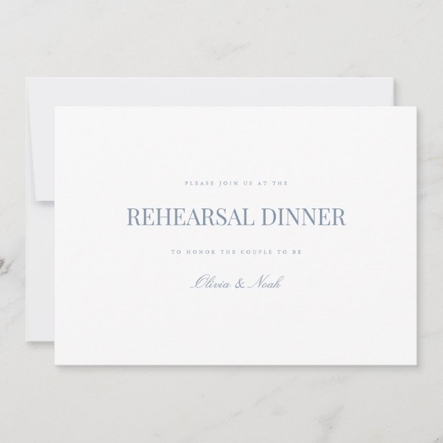 Script Dusty Blue & White Rehearsal Dinner Card (Front)