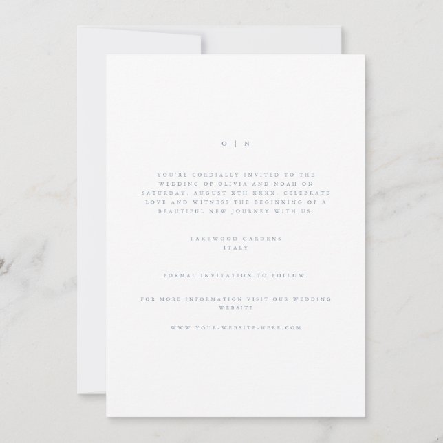 Script Dusty Blue & White Save The Date Card  (Back)