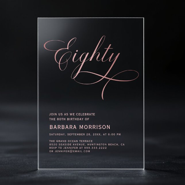 Script Eighty Black Rose Gold 80th Birthday Acrylic Invitations (Creator Uploaded)