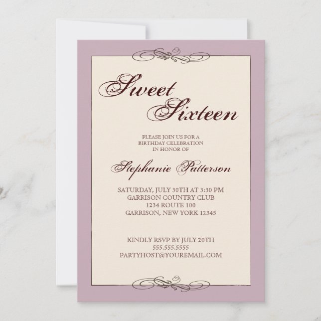 Script Elegance Sweet Sixteen in Cream & Lilac Invitation (Front)