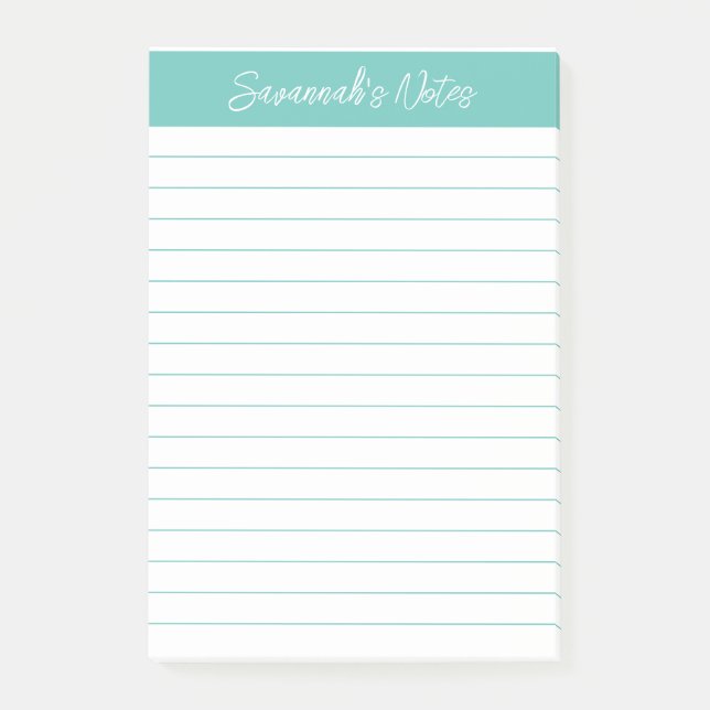 Script Elegant Aqua Lined Personalized Post-it Notes (Front)