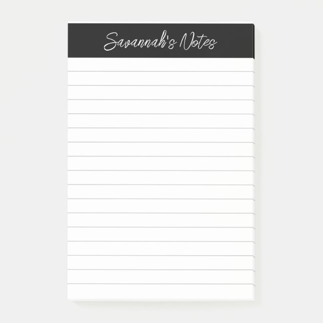 Script Elegant Black Grey Lined Personalised Post-it Notes (Front)