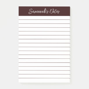 Script Elegant Chocolate Brown Lined Personalised Post-it Notes