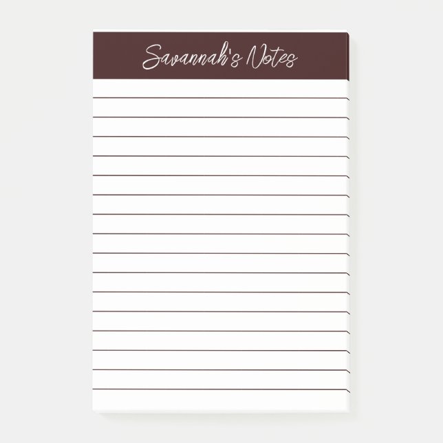 Script Elegant Chocolate Brown Lined Personalised Post-it Notes (Front)