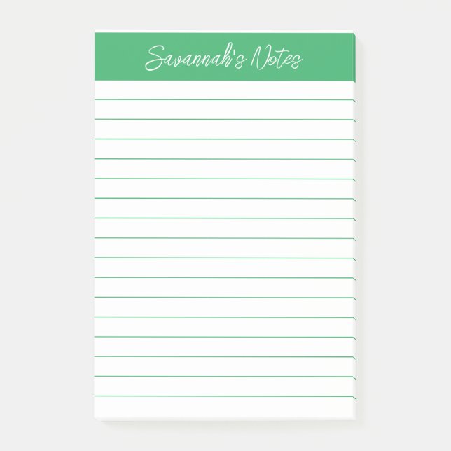 Script Elegant Green Lined Personalised Post-it Notes (Front)