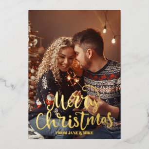 Script Elegant Merry Christmas golden foil Photo Foil Holiday Card