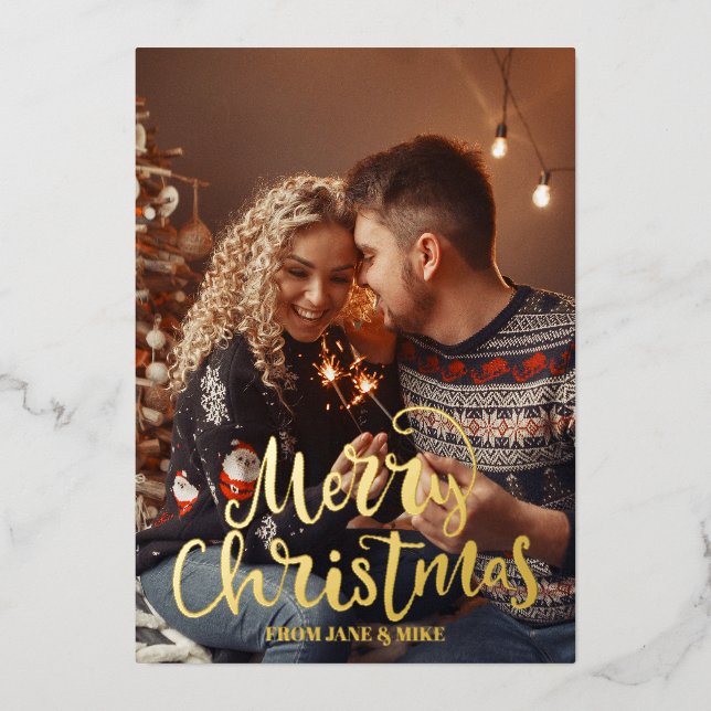 Script Elegant Merry Christmas golden foil Photo  Foil Holiday Card (Front)