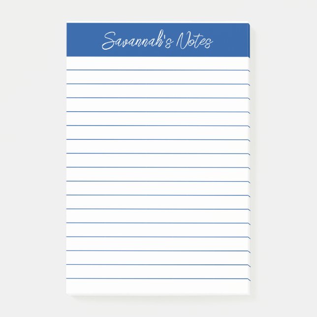 Script Elegant Navy Blue Lined Personalised Post-it Notes (Front)