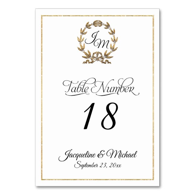 Script Elegant Typography Black Gold Wreath Table Number (Front)