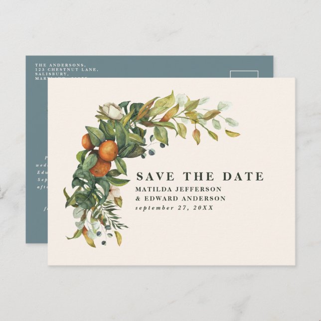 Script elegant wedding citrus botanical modern announcement postcard (Front/Back)