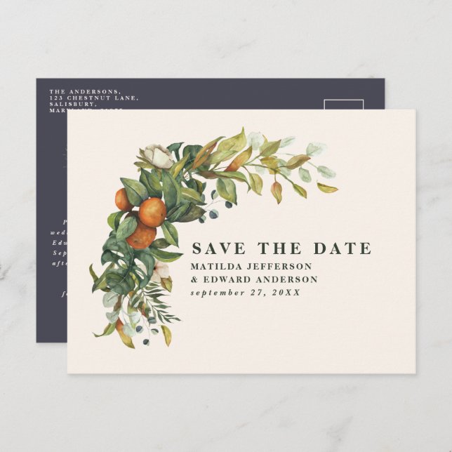 Script elegant wedding citrus botanical modern announcement postcard (Front/Back)