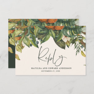 Script elegant wedding citrus botanical modern RSVP card