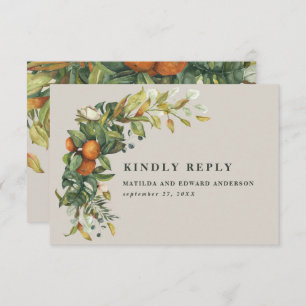 Script elegant wedding citrus botanical modern RSVP card